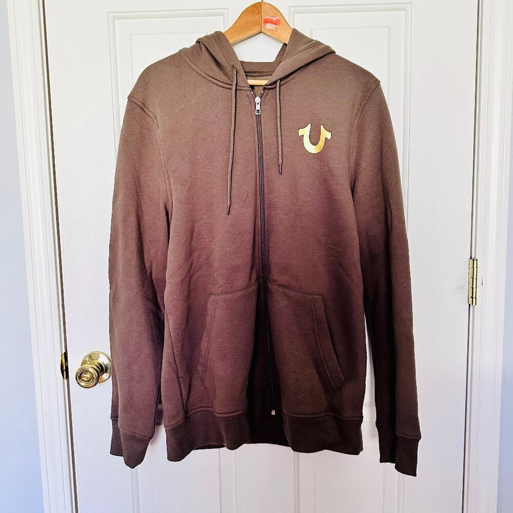 TRUE RELIGION BIG FOIL BUDDHA HORSEHOE PRINT FULL ZIP SWEATSHIRT HOODIE BROWN